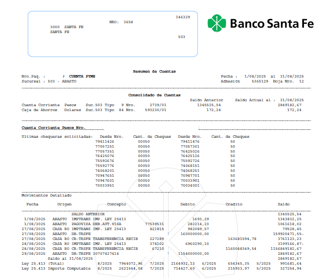 Ejemplo de extracto bancario de Nuevo Banco de Santa Fe en PDF