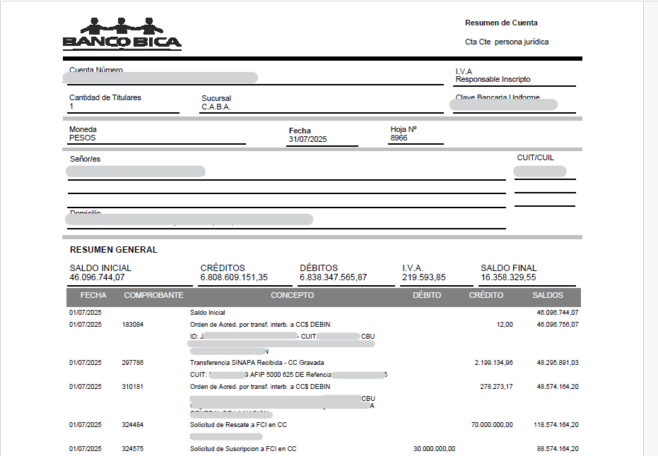 Ejemplo de extracto bancario de Banco BICA en PDF