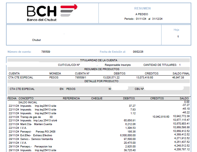 Ejemplo de extracto bancario de Banco del Chubut en PDF