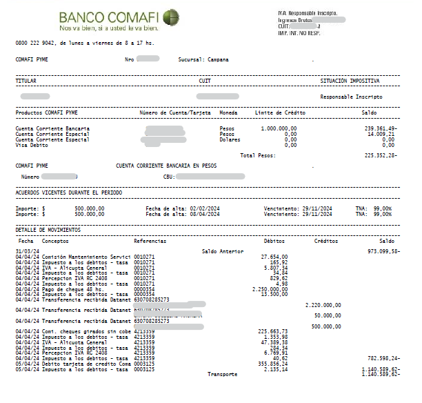 Ejemplo de extracto bancario de Banco Comafi en PDF