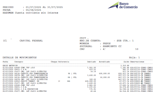 Ejemplo de extracto bancario de Banco de Comercio en PDF