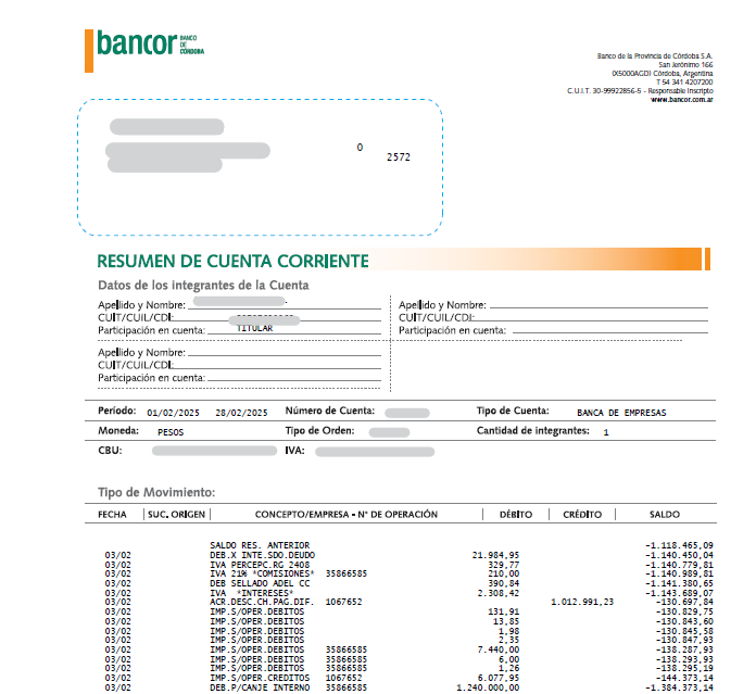 Ejemplo de extracto bancario de Banco de Córdoba (Bancor) en PDF