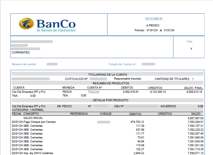 Ejemplo de extracto bancario de Banco de Corrientes en PDF
