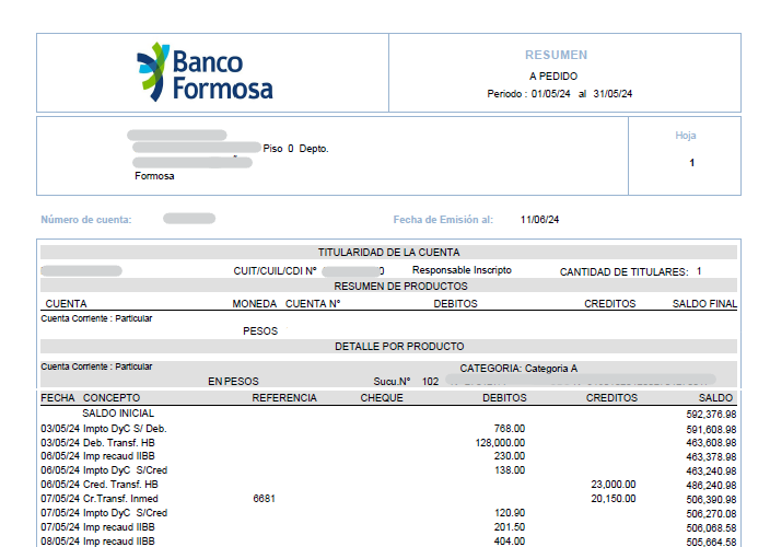 Ejemplo de extracto bancario de Banco de Formosa en PDF