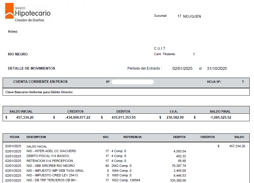 Ejemplo de extracto bancario de Banco Hipotecario en PDF