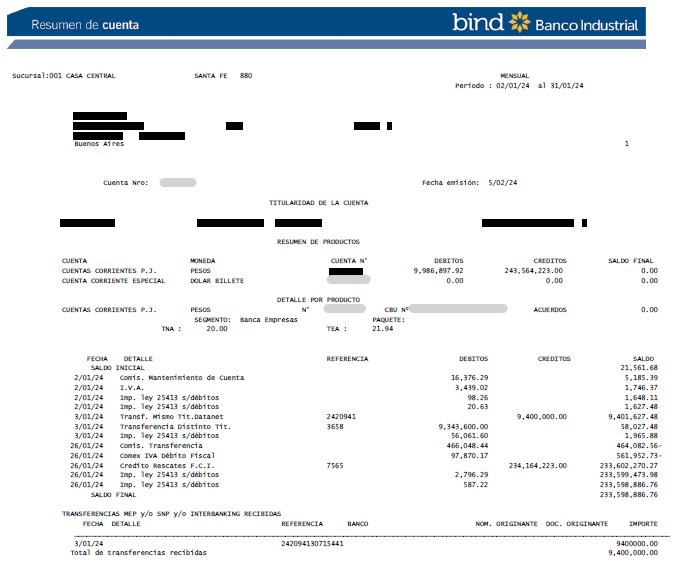 Ejemplo de extracto bancario de Banco Industrial (BIND) en PDF