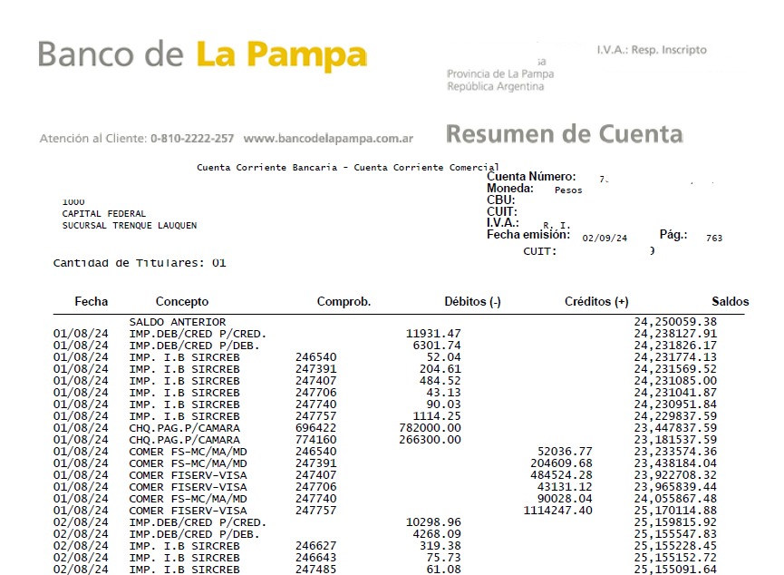 Ejemplo de extracto bancario de Banco de La Pampa en PDF