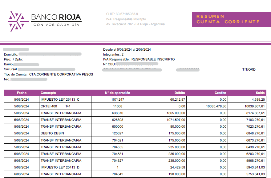 Ejemplo de extracto bancario de Banco de La Rioja en PDF