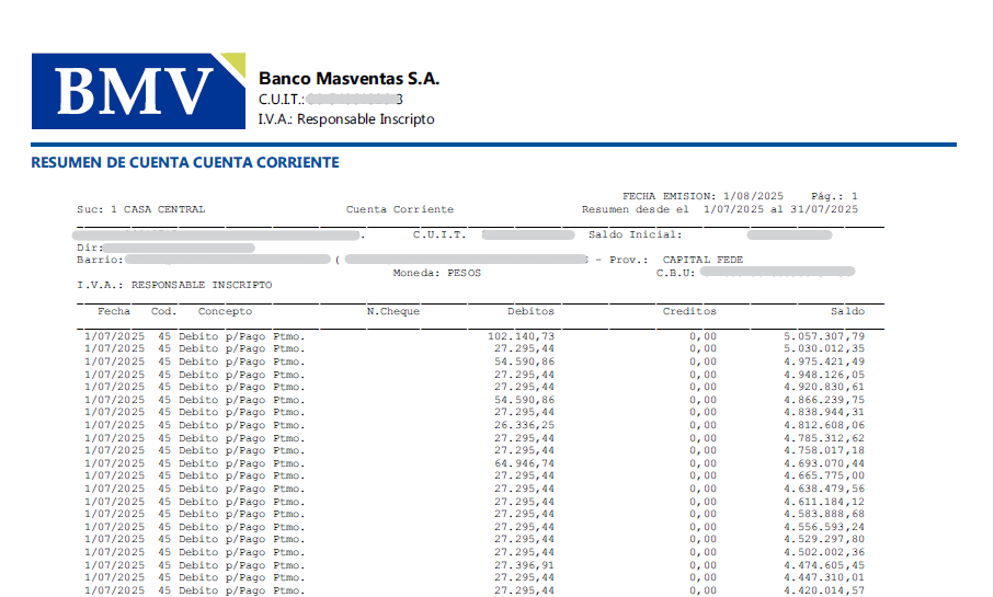 Ejemplo de extracto bancario de Banco Masventas en PDF