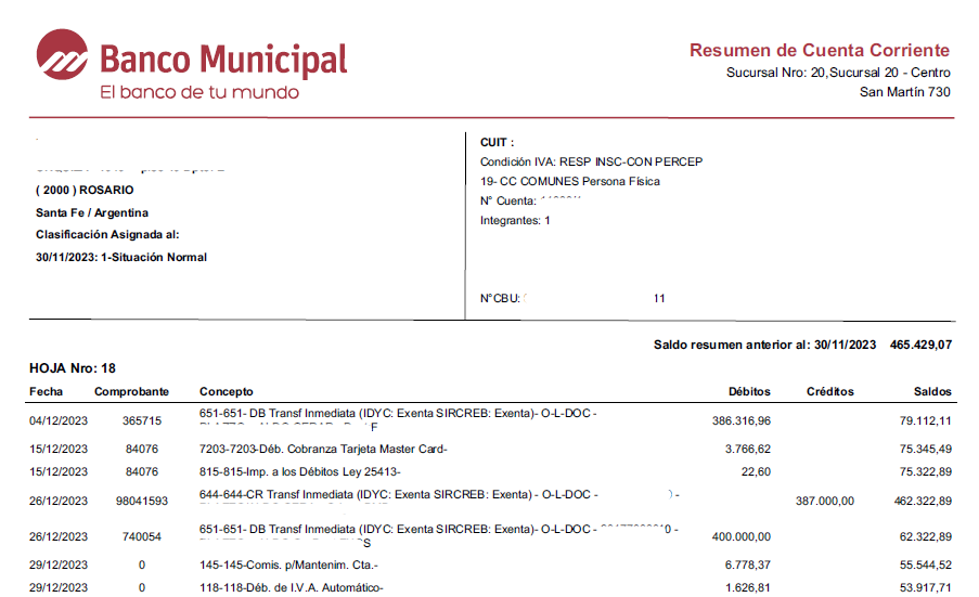 Ejemplo de extracto bancario de Banco Municipal de Rosario en PDF