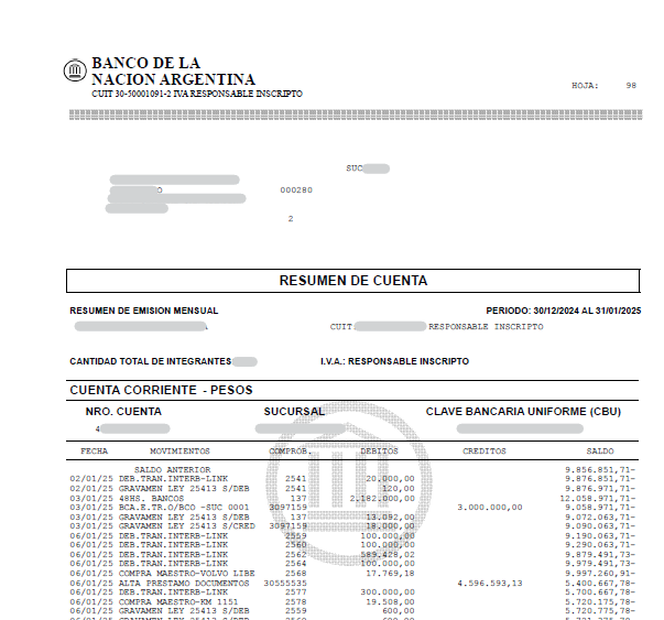 Ejemplo de extracto bancario de Banco Nación en PDF