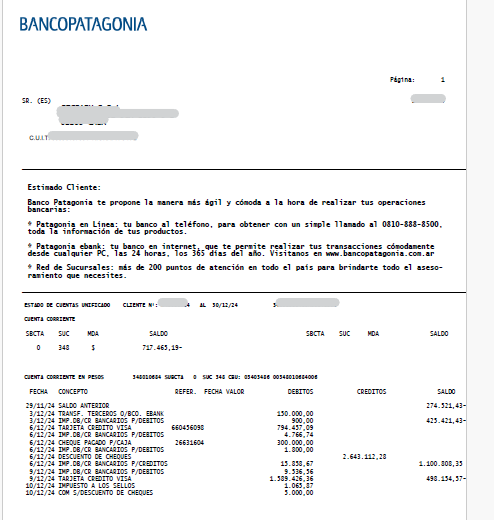 Ejemplo de extracto bancario de Banco Patagonia en PDF
