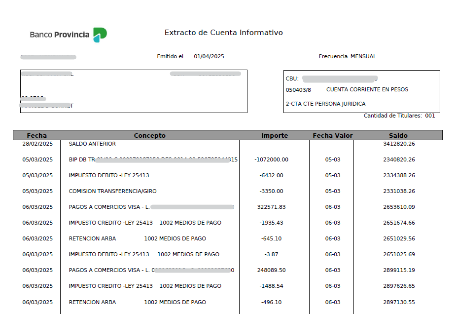Ejemplo de extracto bancario de Banco Provincia en PDF
