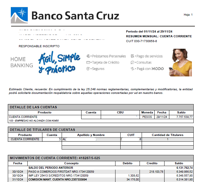 Ejemplo de extracto bancario de Banco Santa Cruz en PDF