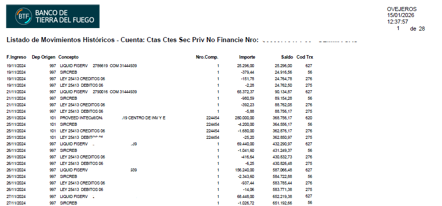 Ejemplo de extracto bancario de Banco de Tierra del Fuego en PDF