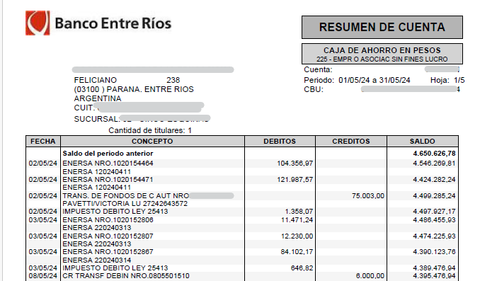 Ejemplo de extracto bancario de Banco Entre Ríos en PDF