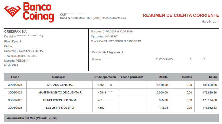 Ejemplo de extracto bancario de Banco Coinag en PDF