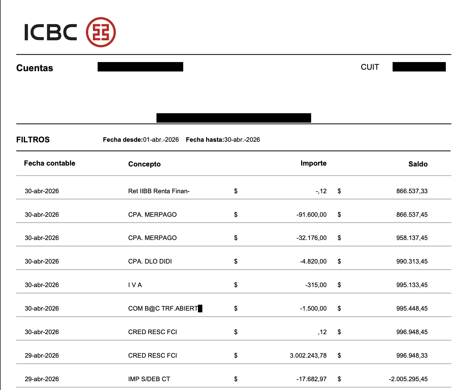 Ejemplo de extracto bancario de ICBC en PDF