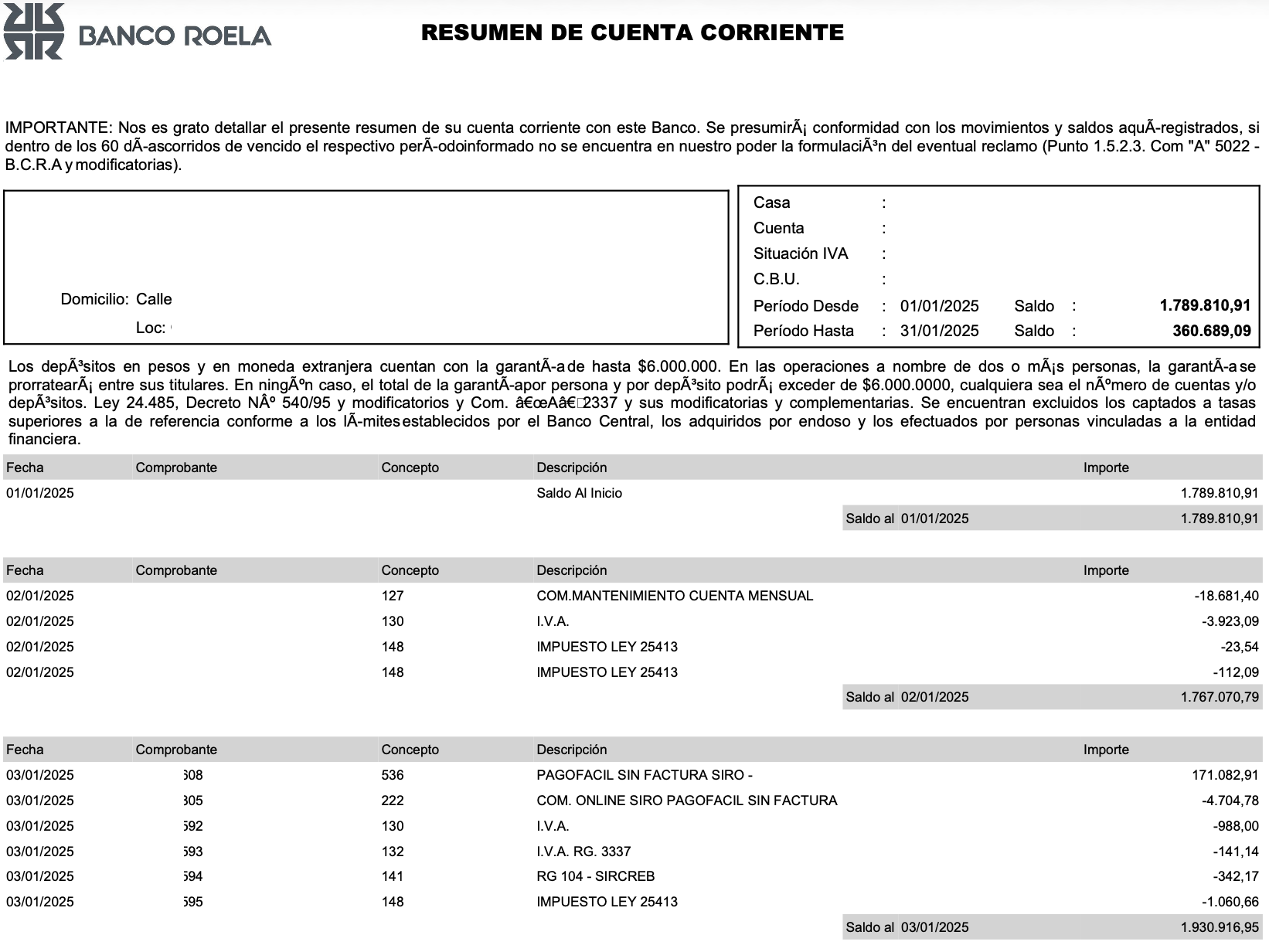 Ejemplo de extracto bancario de Banco Roela en PDF